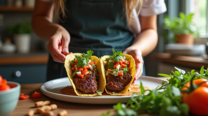A European woman in a home kitchen prepares fusion tacos with Korean braised short ribs and Mexican toppings, surrounded by colorful fresh ingredients and natural light