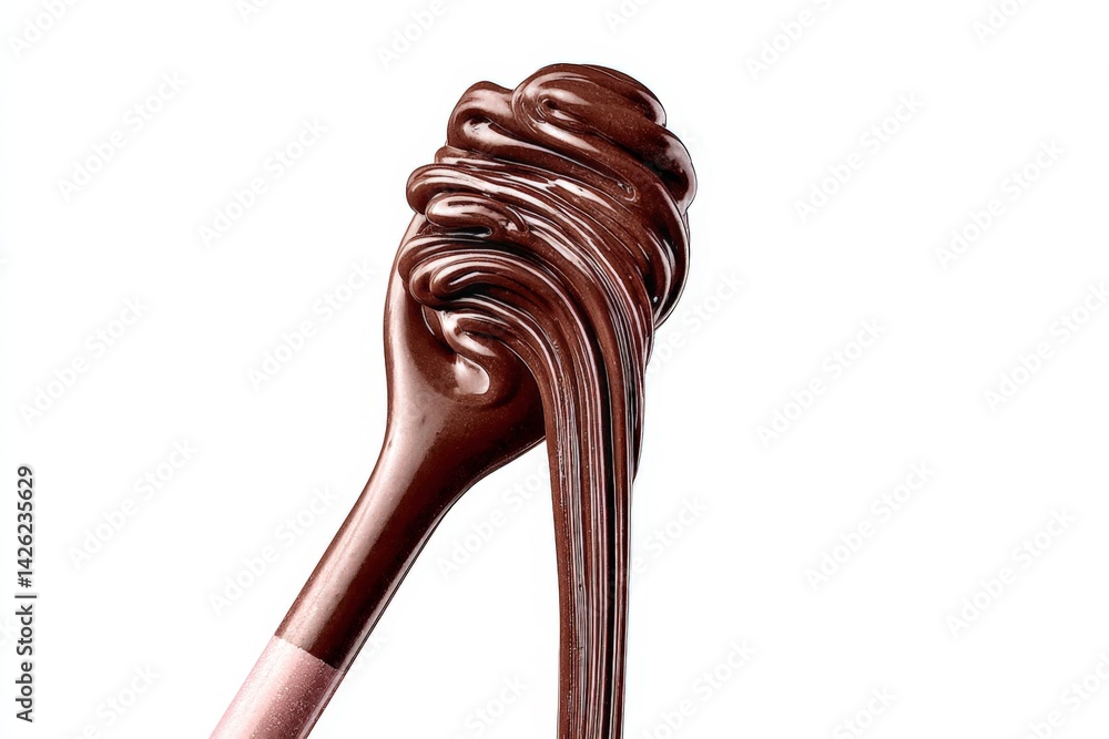 Poster Delicious chocolate syrup drips from a spoon creating a tempting and glossy texture in a kitchen setting
