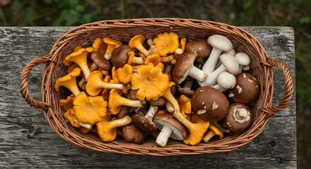 Forest Harvest: Woven Basket Filled with Wild Mushrooms on a Rustic Wooden Table