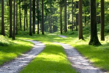 Fototapeta premium Sunlit forest path forks, leading through lush green foliage