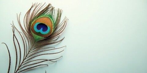 Obraz premium A single iridescent peacock feather with vibrant colors against a pale background, showcasing nature's intricate detail and elegant design.