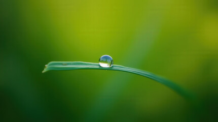 A single dew drop on a leaf, with a natural gradient from green to yellow, minimal composition and soft morning lighting