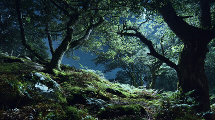 Fototapeta premium Night scene in a mossy forest, showing large trees under a starry sky, creating a mysterious and enchanting atmosphere, ideal for fantasy or nature themes