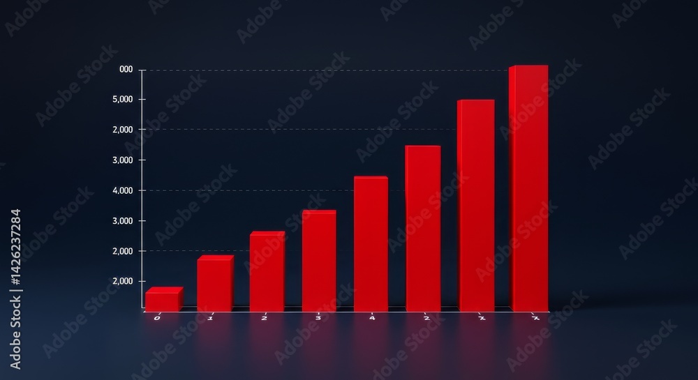 Poster bar chart data visualization on dark background - a 3d bar chart displays upward trending data, symb