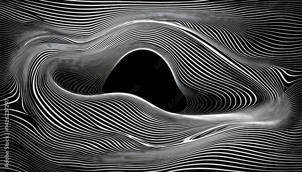 Poster striking black white psychedelic wave optical illusion, exploring the intricate depths of an abstrac
