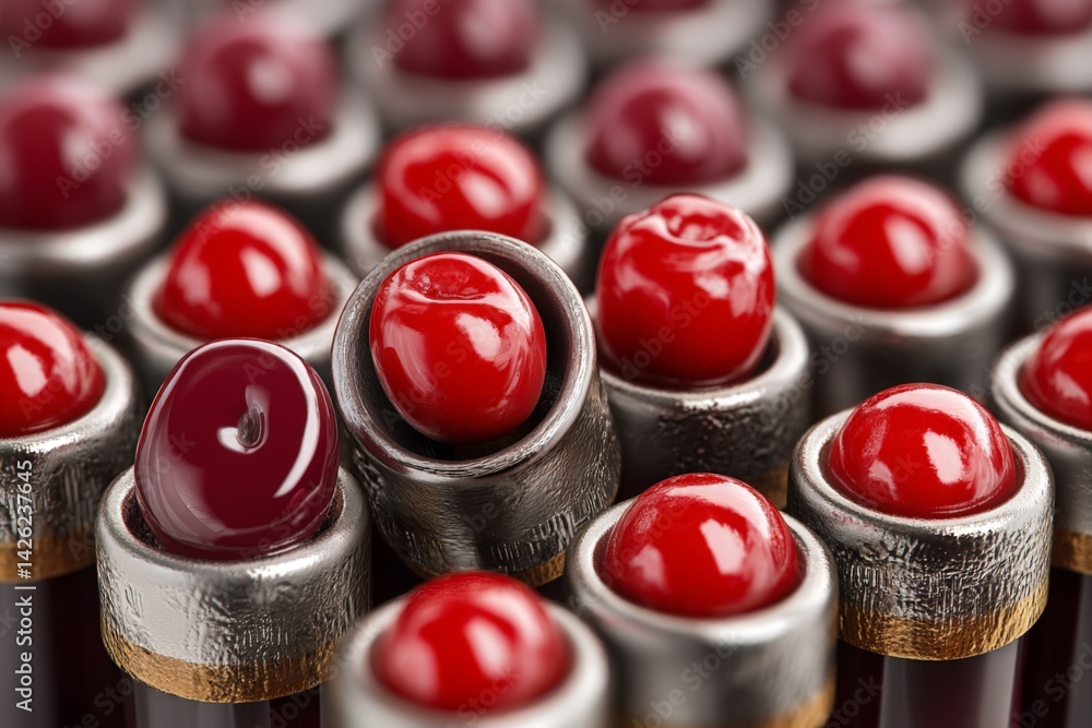 Poster close-up view of colorful art supplies in a creative workspace filled with vibrant red paint tubes s