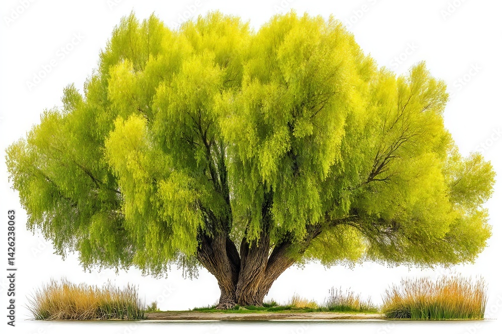 Poster large green willow tree providing shade in a serene park setting during a sunny day