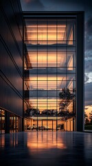 Modern office building at sunset, reflecting in a pool