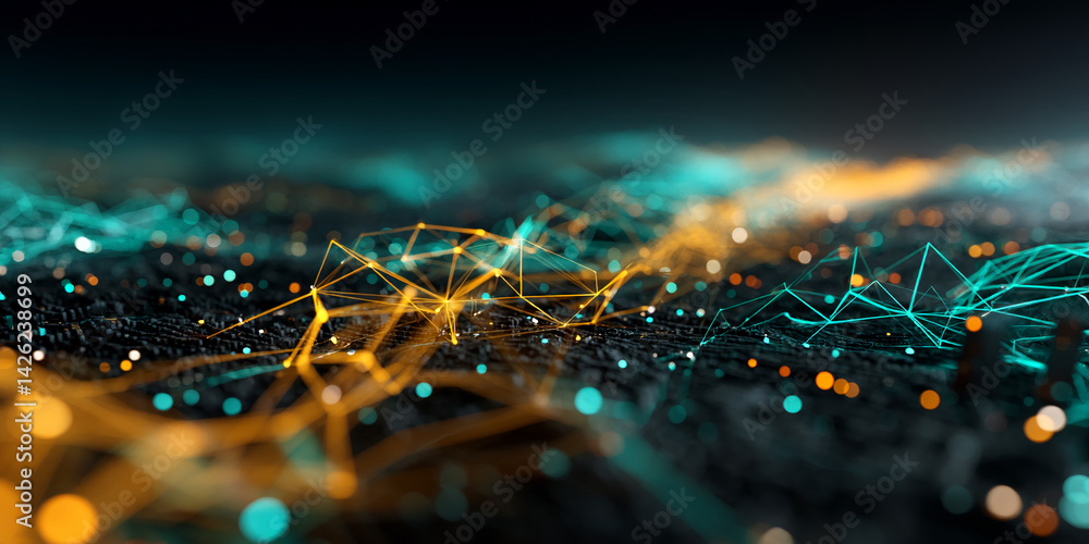 Poster abstract image of glowing teal and gold network nodes, creating a dynamic, interconnected visual rep