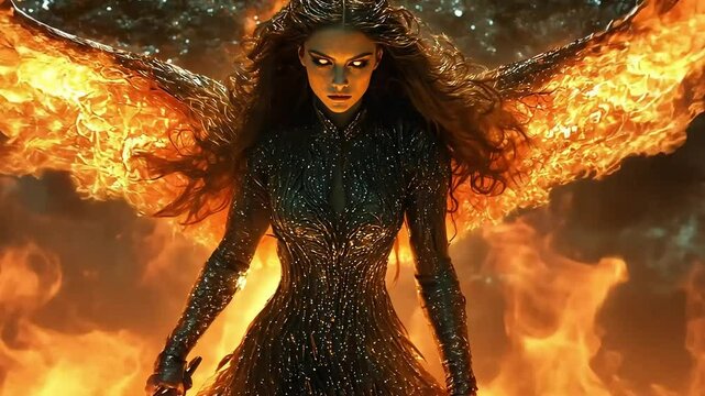 Fiery Woman, Powerful Pose, Flames, Darkness