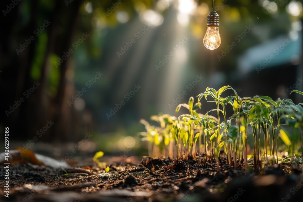 Poster sprouting seedlings illuminated by a hanging light bulb in a garden at dawn