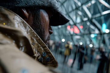 A close-up of a man in a raincoat and hat captures the essence of urban exploration, with raindrops cascading down, symbolizing life's unpredictable journey and experiences.