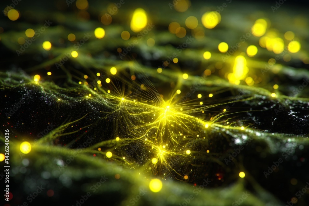 Poster Dynamic visualization of neural connections illuminated by glowing particles in a dark environment