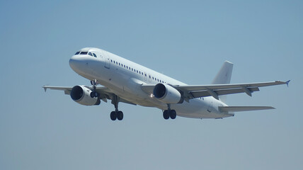 Obraz premium This Commercial airplane descends towards runway, preparing for touchdown amid bright blue skies.