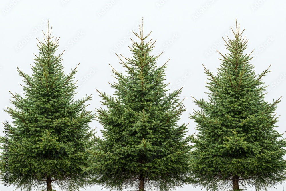 Aufkleber Three evergreen trees arranged in a row against a neutral sky background during a calm day