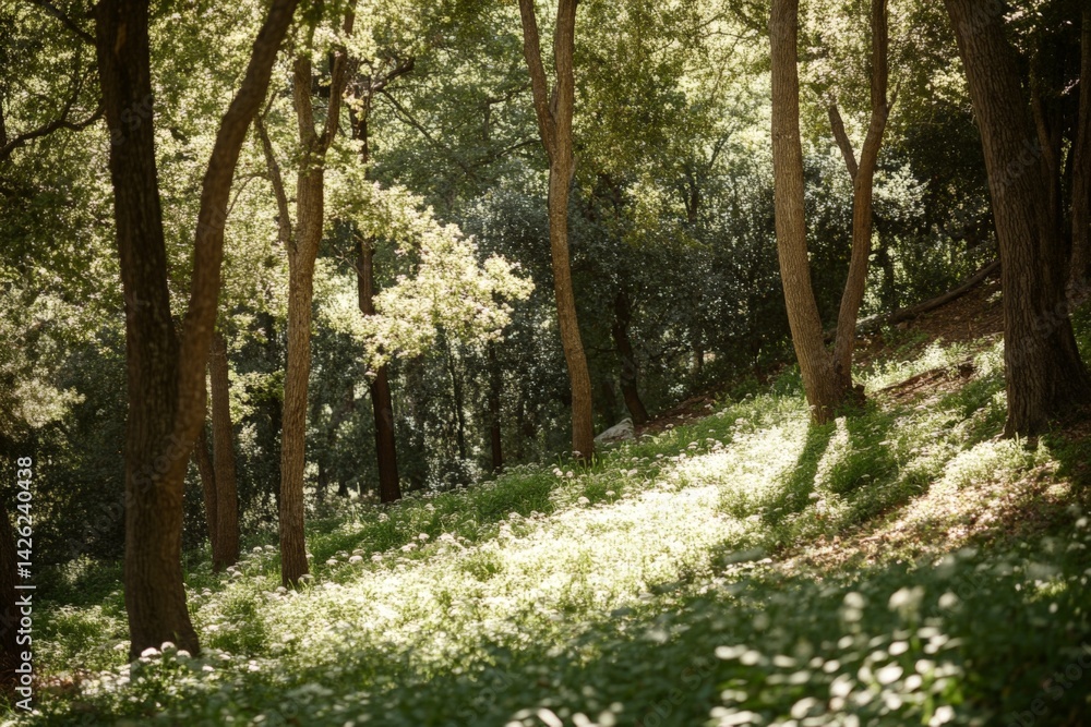 Aufkleber Sunlight filters through trees in a peaceful forest setting during a warm afternoon