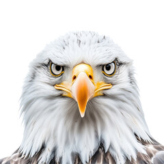 Obraz premium Majestic bald eagle showcasing its striking features against a white background in a close-up view