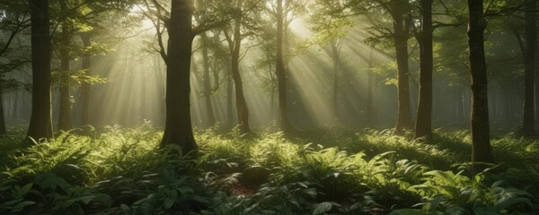 Obraz premium Golden sunbeams filter through lush green leaves, dappled light on forest floor, branches, ray