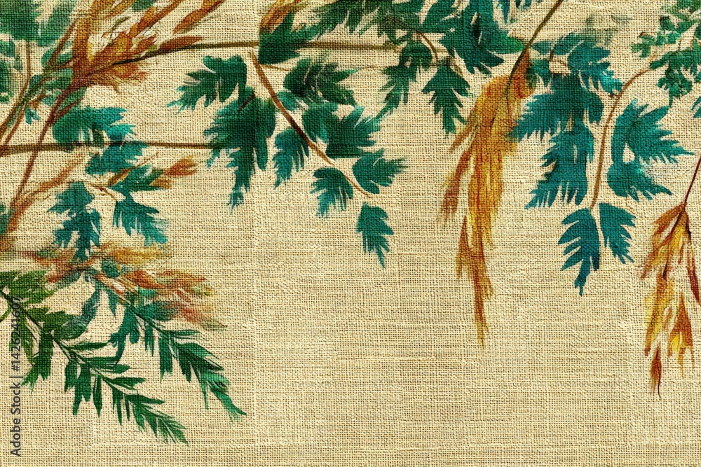 Poster Vibrant botanical pattern featuring leaves and branches in warm tones on a textured background