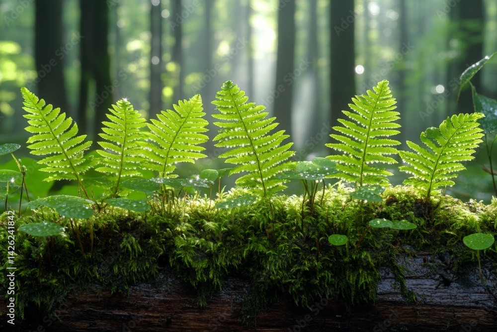 Aufkleber green ferns thriving on mossy log in sunlight filtered through dense forest trees