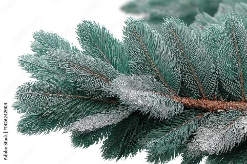 Poster close-up view of evergreen tree branches showing fine details and water droplets in natural light du