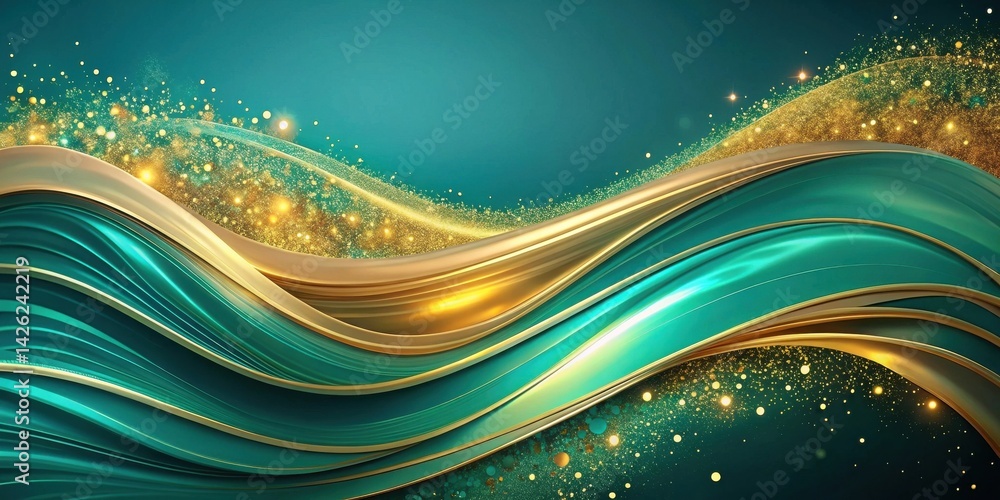 Poster abstract teal and gold swirling waves with sparkling glitter background