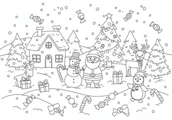 Merry Christmas scene with house, Santa, snowman, reindeer, and penguin in a festive snowy coloring book line art illustration