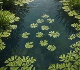 Intricate aquatic plant footprint patterns in a tranquil pool, natural reflections ,  summer,  botanical,  design