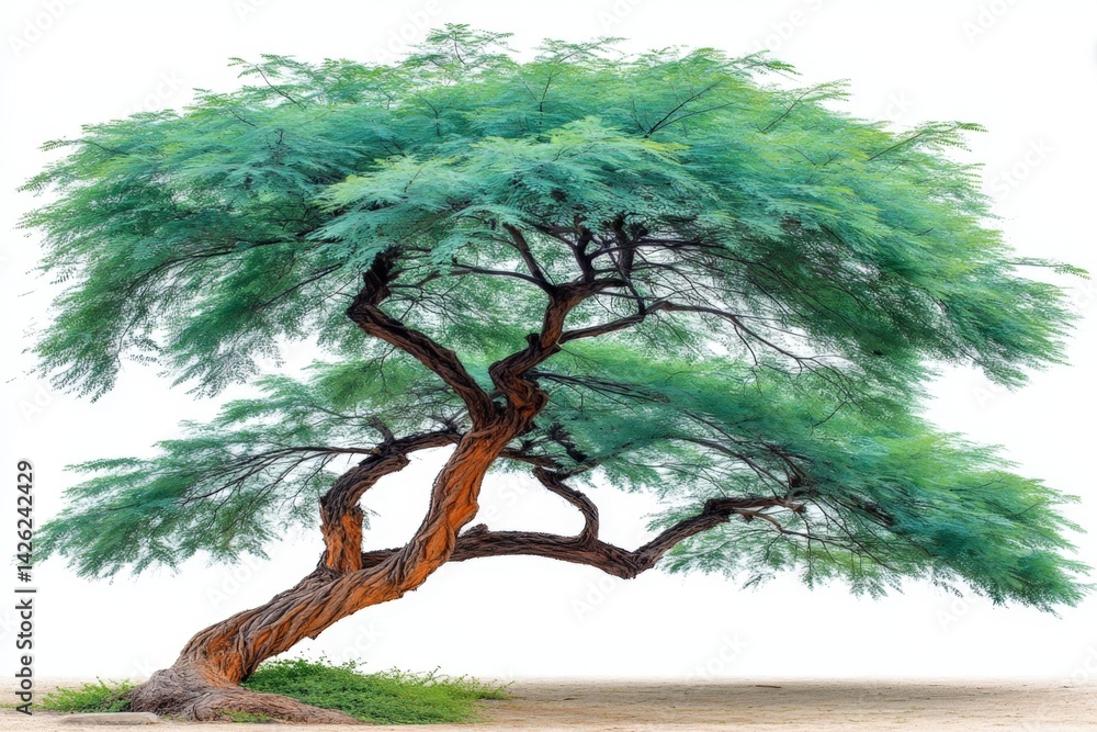 Aufkleber unique twisted tree with vibrant green foliage in a serene natural setting under clear skies