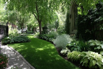 Naklejka premium Lush green garden with vibrant foliage in a serene urban setting on a sunny day