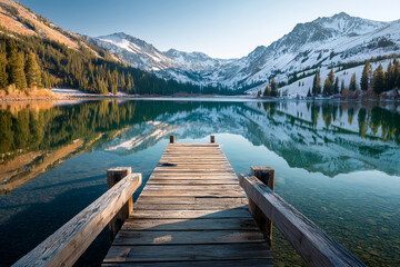 Fototapeta premium Wooden dock extending into calm lake reflecting snow-capped mountains and evergreen trees, showcasing serene nature scene, ideal for tranquility or travel concepts