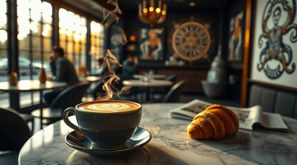 Steaming latte art and fresh croissant on marble table in cafe scene