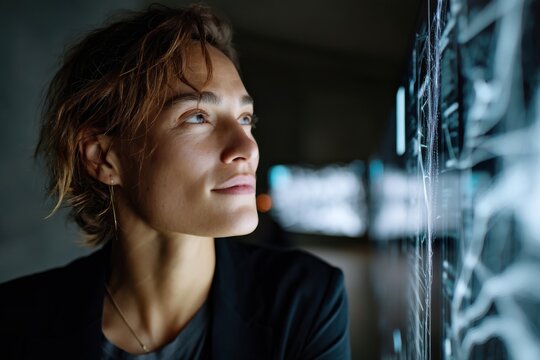 A female scientist gazes at data displays, representing the intersection of inspiration, technology, and the endless quest for understanding in the field of space exploration.