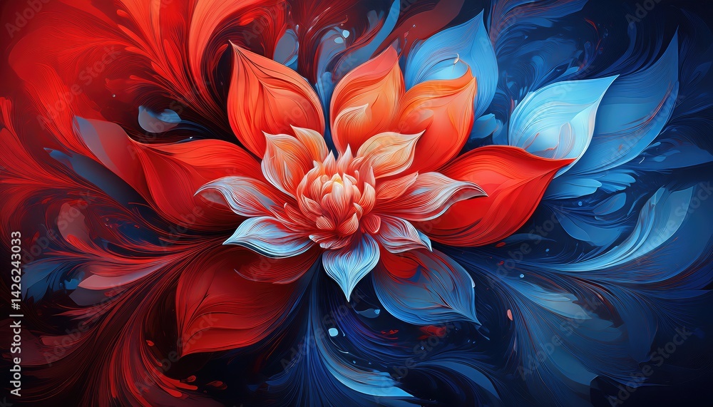 Poster vibrant red and blue abstract flower in a whimsical kaleidoscope, showcasing intricate geometric pat