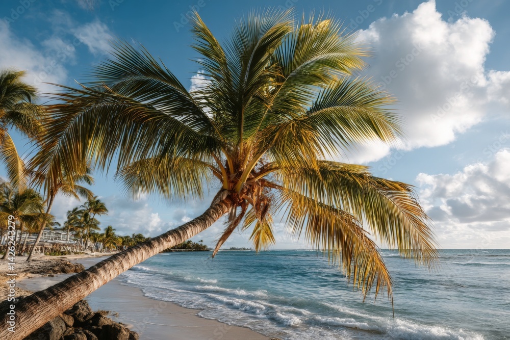 Poster Coastal view of a palm tree leaning over the beach with clear blue waters and fluffy clouds in the background during sunset hours