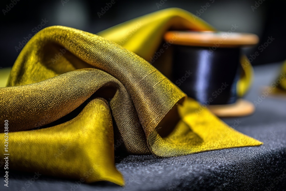 Aufkleber silk fabric draped elegantly with a spool of thread on a dark surface showcasing fine textile crafts
