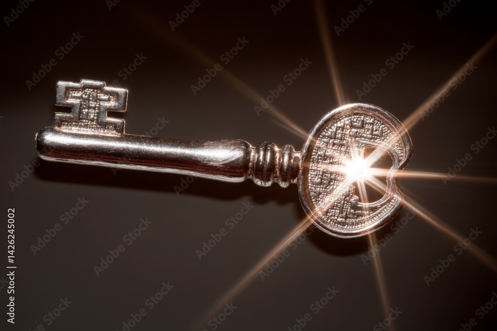 Aufkleber detailed close-up of a shiny vintage heart-shaped key reflecting light in a dark background, highlig