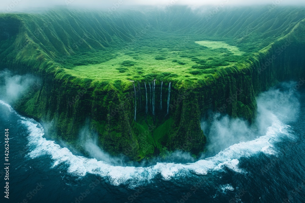 Poster majestic waterfall cascading from lush cliffs into a dramatic coastline surrounded by mist