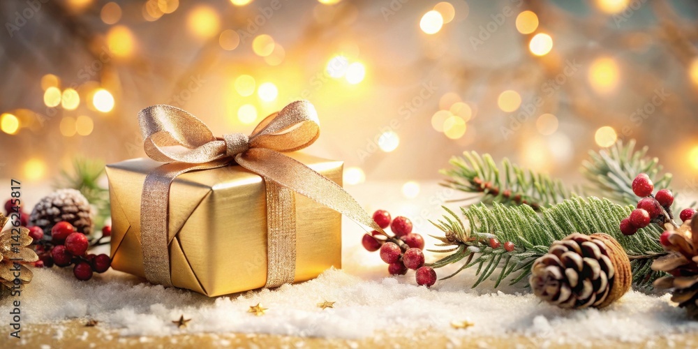 Poster a golden gift box with a shimmering ribbon rests on a snowy surface, surrounded by festive pine bran