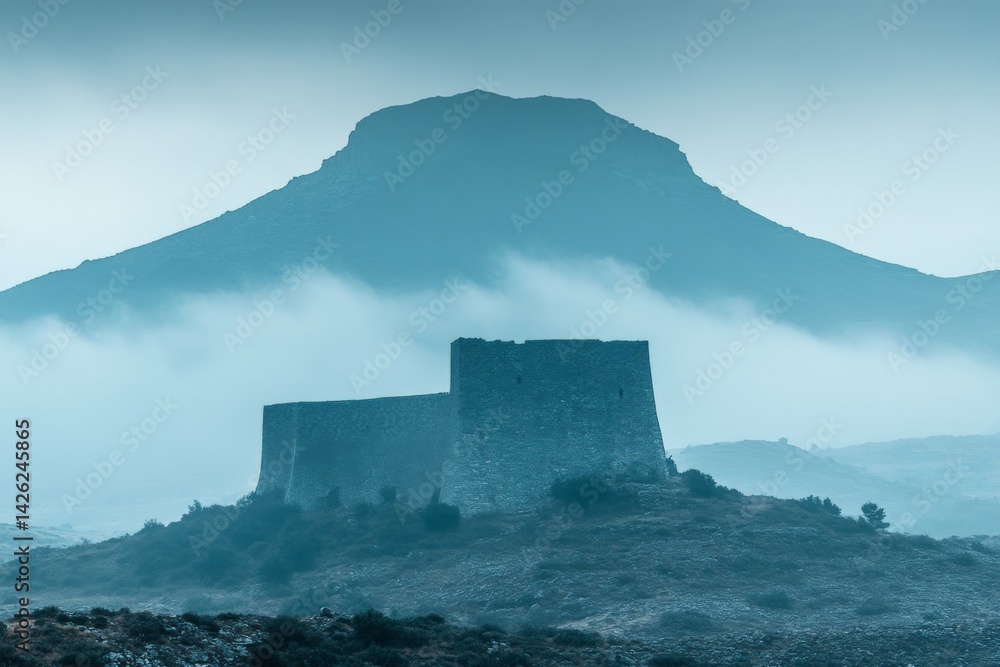 Poster misty mountain landscape with ancient fortress at dawn in a serene setting