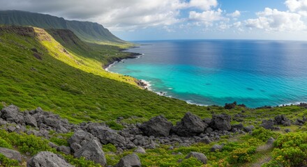 Coastal Cliffs and Turquoise Ocean - Scenic view of a lush green coastal cliff overlooking a vibrant turquoise ocean under a partly cloudy sky