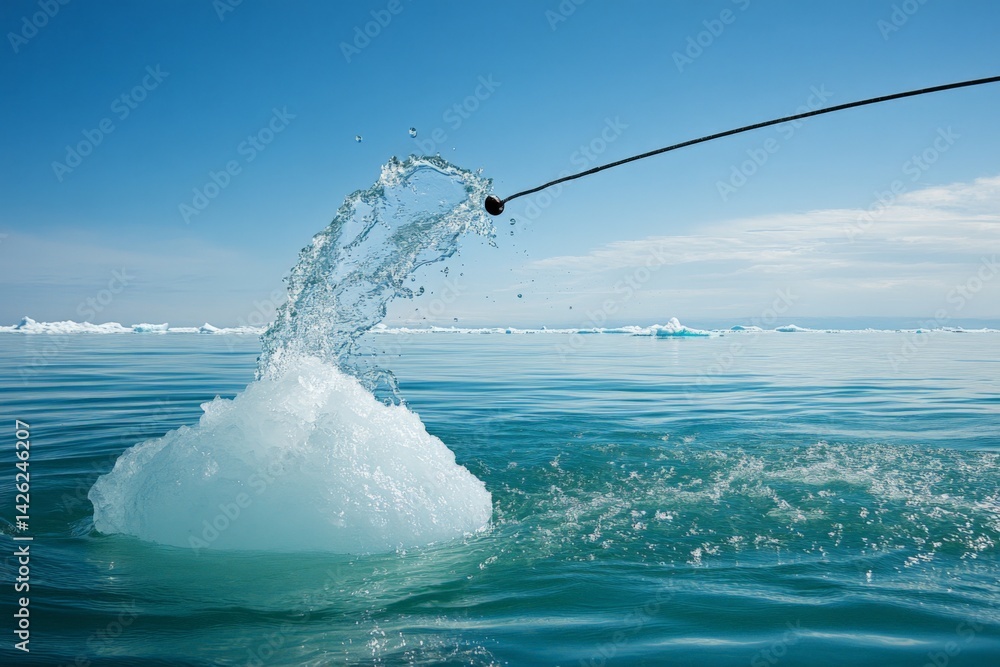 Poster water splashing dramatically as a fishing line is cast into the calm ocean near icy shores on a clea