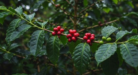 Coffee Beans Branch Dew Drops - Lush green coffee plant branch with vibrant red coffee cherries, glistening with morning dew. Symbolizing freshness, nature's bounty, rich aroma, organic growth