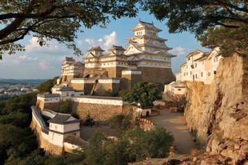 Majestic castle perched on a hillside against a clear sky in Japan showcasing traditional architecture during the afternoon