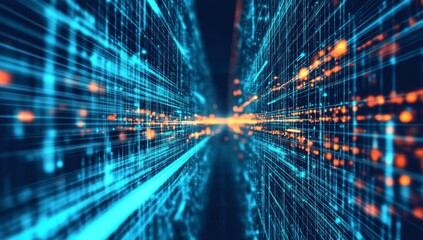 Un tunnel digitale futuristico caratterizzato da linee luminose blu che si incrociano per creare un effetto di profondità e prospettiva