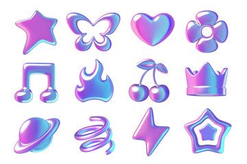 Y2k holographic 3d vector elements collection. Iridescent vibrant purple and blue metallic gradient shapes isolated on white background.