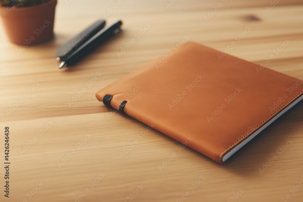 Aufkleber close-up of a minimalist desk arrangement featuring a notebook and pen beside a small potted plant o