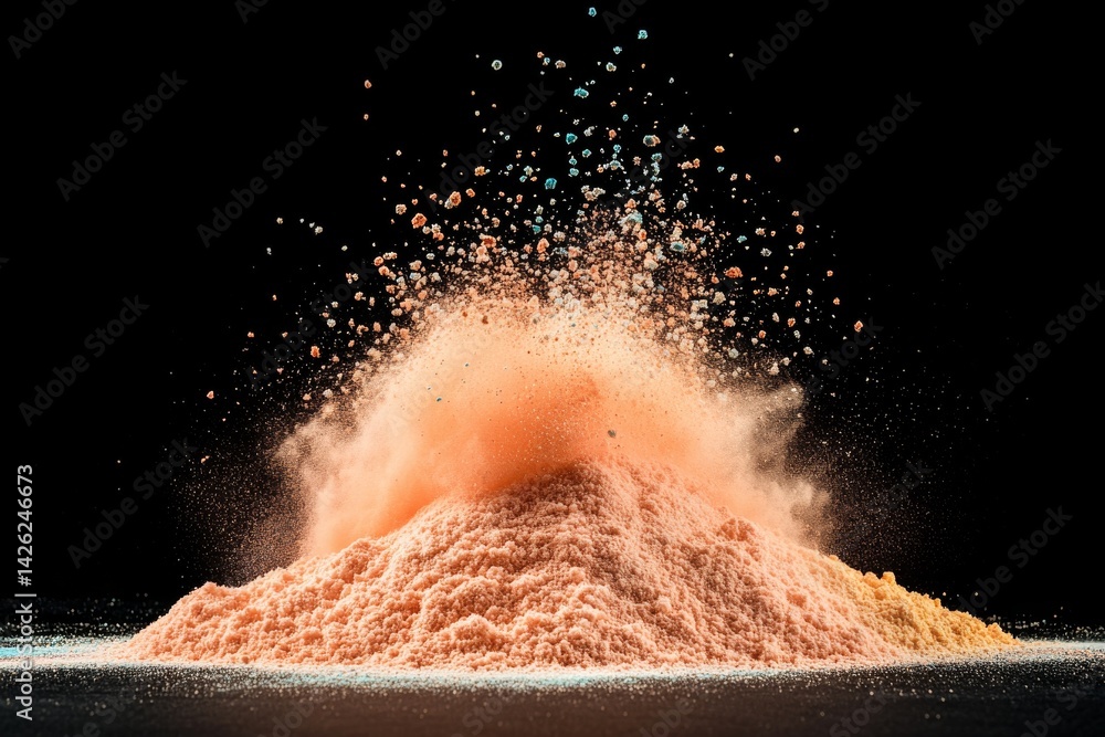Poster Color powders explode in mid-air, blending to form a gradient of red, blue, and yellow hues, captured against a dark backdrop, allowing for creative text placement