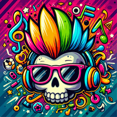 skull vector illustration with colorful punk hair 