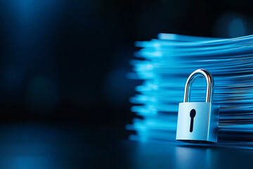 Stack of blue folders is secured with silver padlock, symbolizing data protection and security. background is dark, enhancing focus